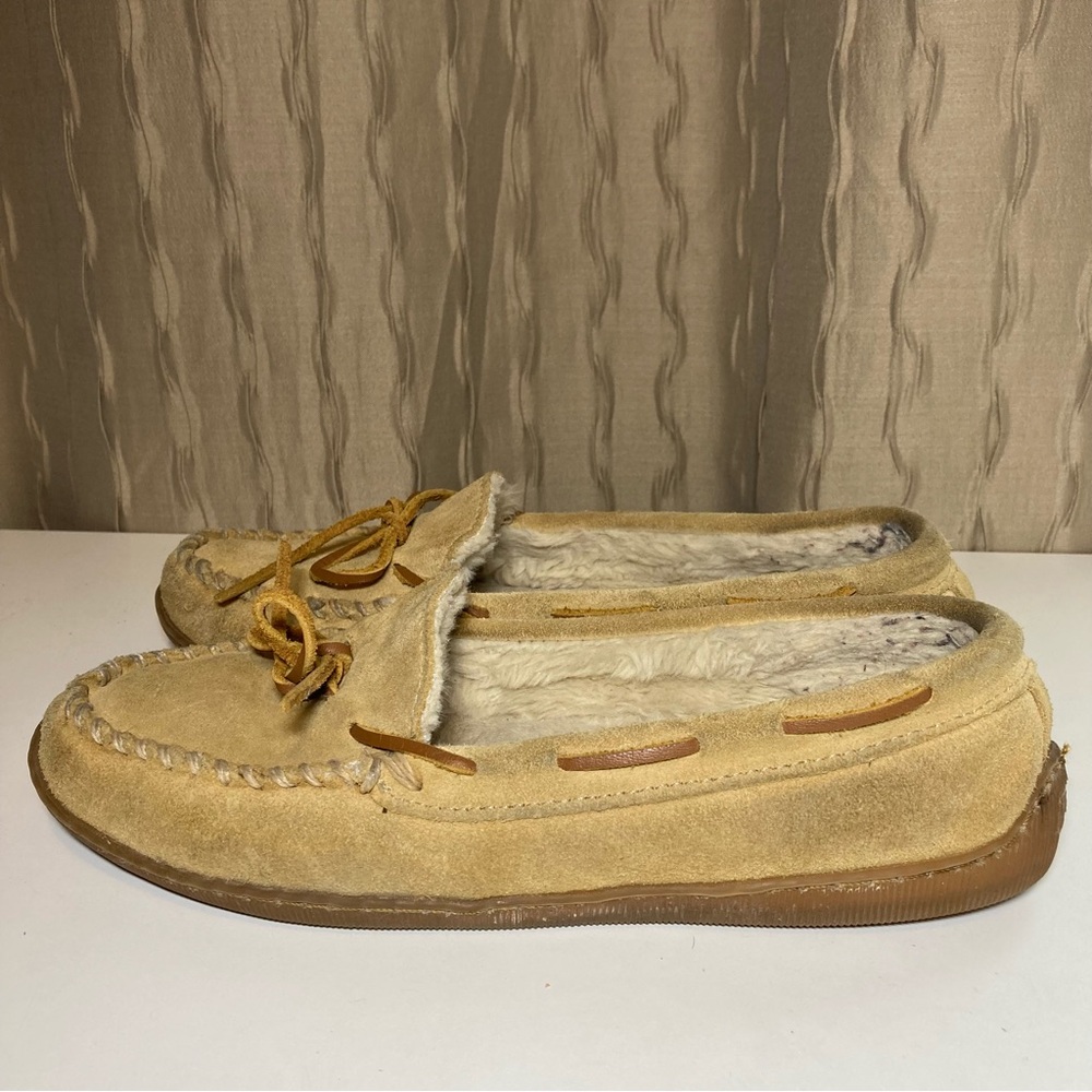 Minnetonka Tan Pile Lined Women's 8 Hardsole 3501 Moccasins Slippers Leather